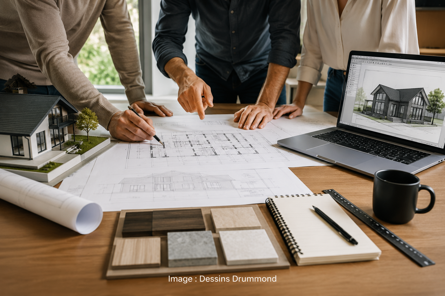 Technologue en architecture comparant des plans de maison avec une équipe de professionnels pour un projet résidentiel.