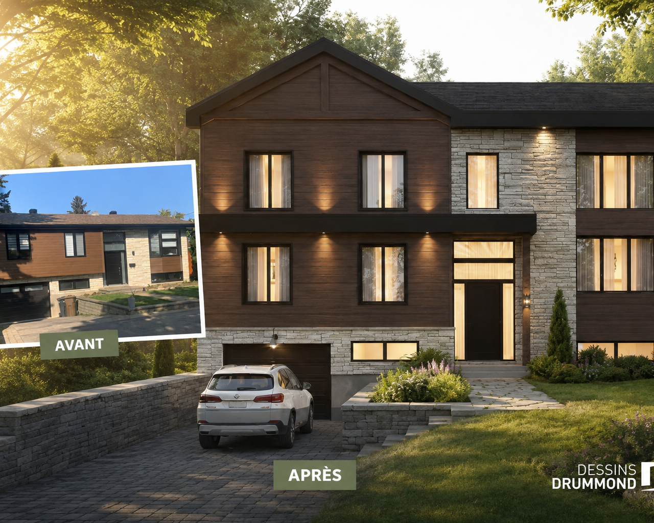 Avant-après d’un agrandissement de maison conçu par Dessins Drummond au Québec