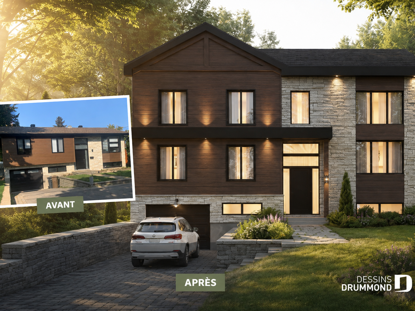 Avant-après d’un agrandissement de maison conçu par Dessins Drummond au Québec