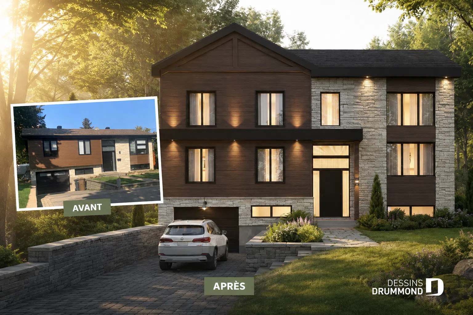 Avant-après d’un agrandissement de maison conçu par Dessins Drummond au Québec