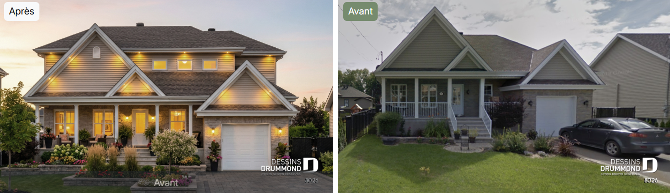 Avant-après d’un ajout d’étage à une maison par Dessins Drummond