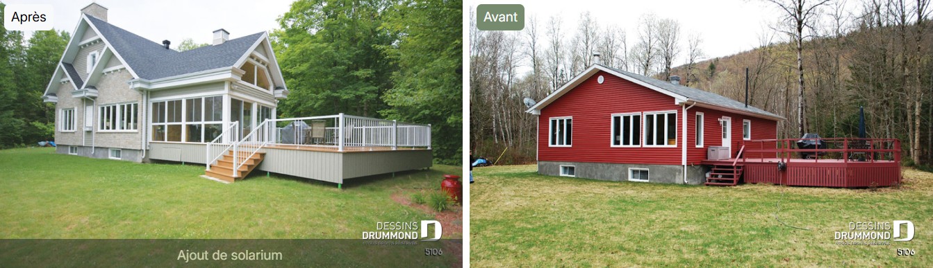 Avant-après d’un ajout de solarium 4 saisons à une maison par Dessins Drummond