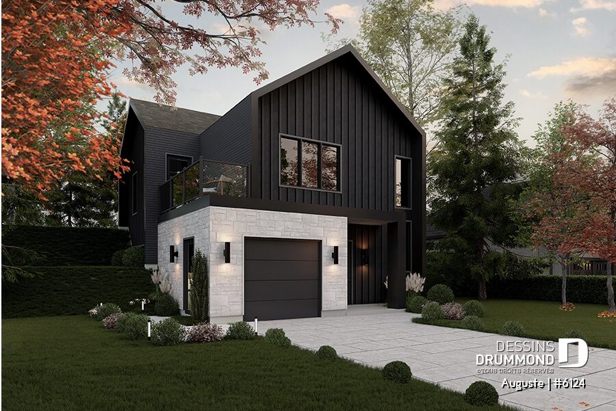 Maison scandinave noire Auguste #6124 avec garage et maçonnerie claire