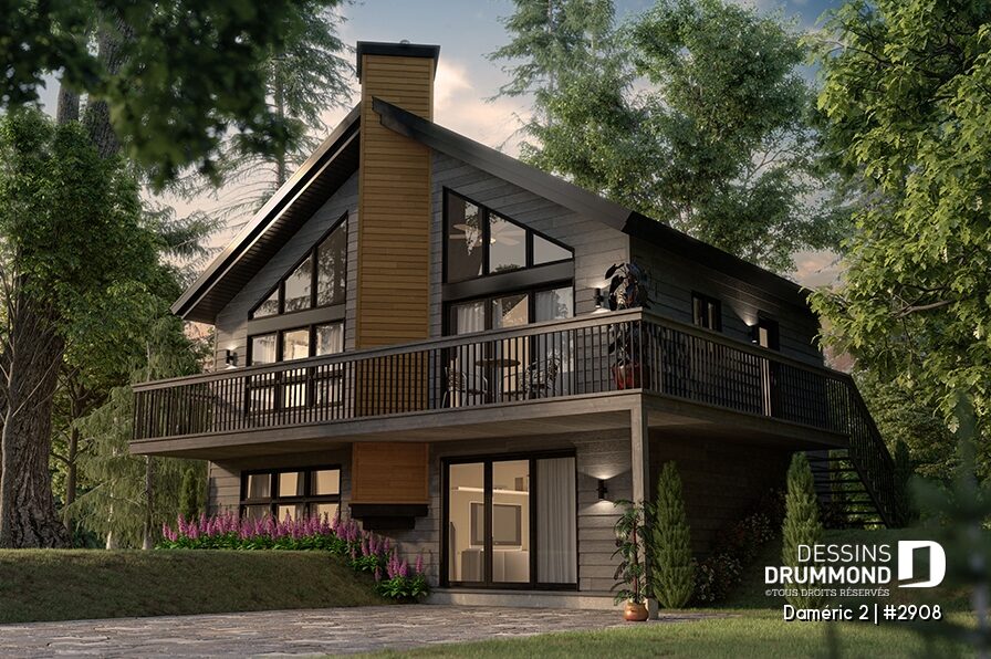 Chalet foncé Daméric 2 #2908 avec grande fenestration, galerie et accents de bois