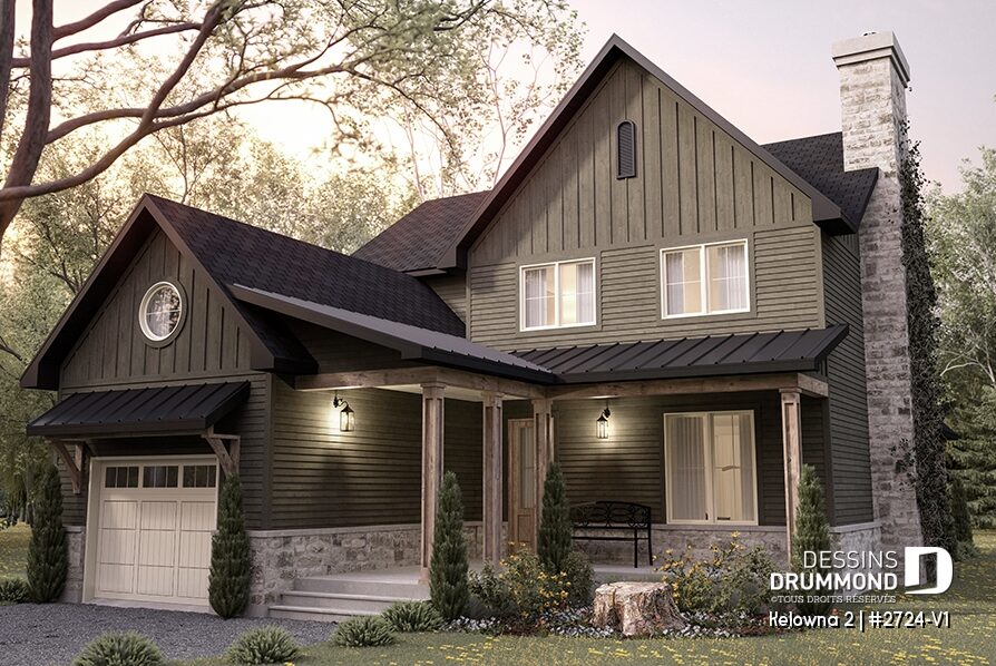 Maison vert foncé Kelowna 2 #2724-V1 avec pierre et accents de bois