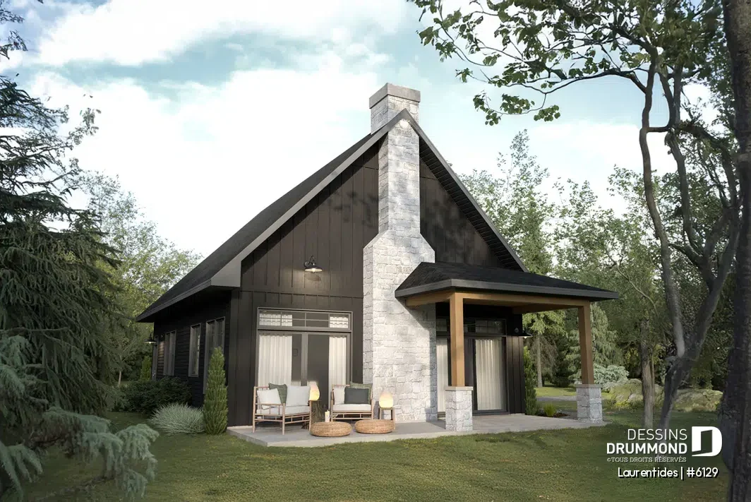 Chalet foncé Laurentides #6129 en forêt avec pierre claire et accents de bois