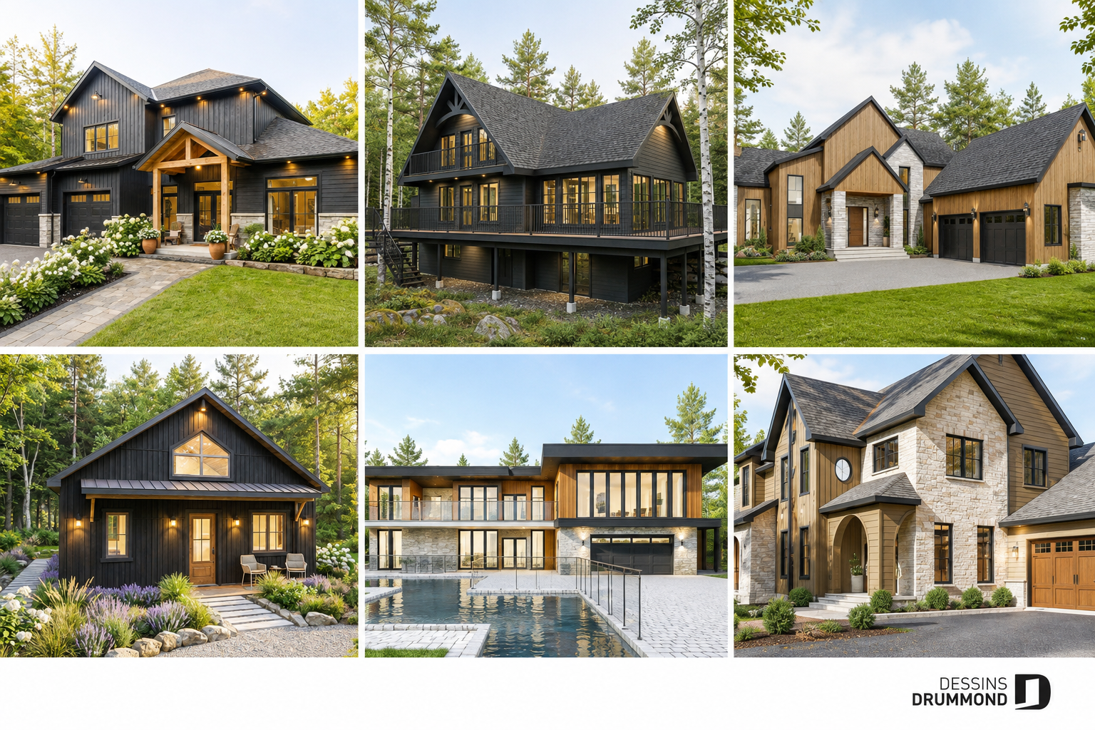 Six maisons sur mesure aux façades foncées de différents styles architecturaux