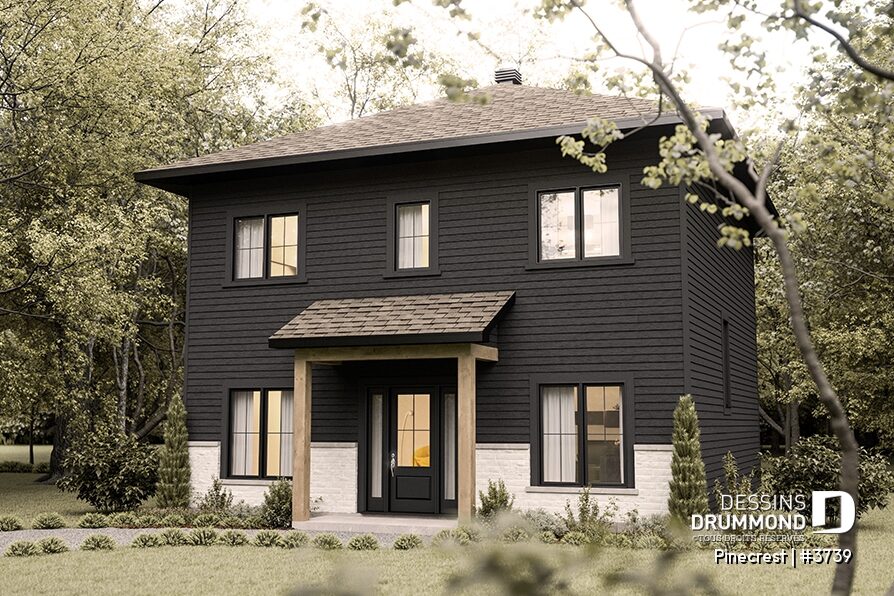 Maison noire Pinecrest #3739 avec porche en bois naturel
