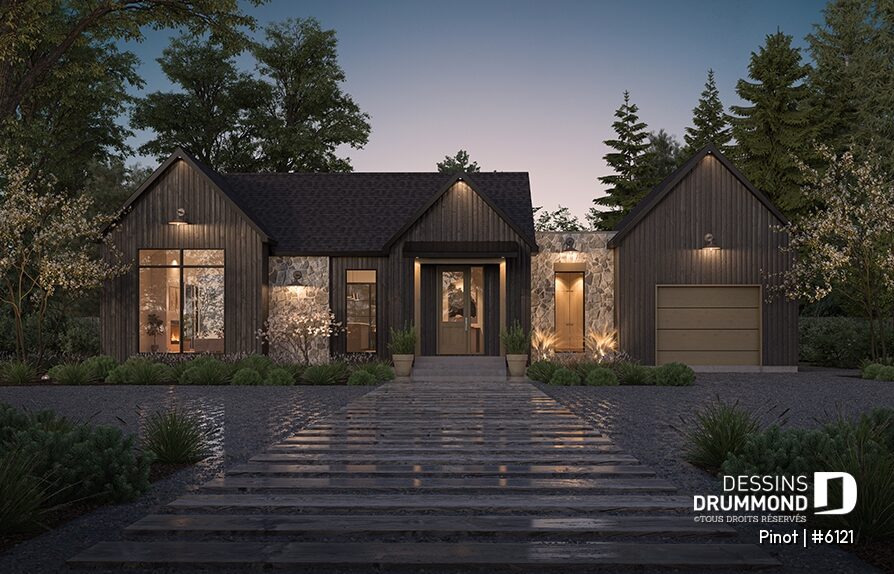 Maison foncée Pinot #6121 avec façade sombre, pierre et accents de bois
