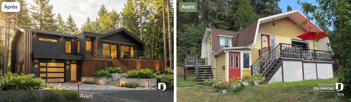 Avant-après d’une rénovation de maison avec façade foncée réalisée par Dessins Drummond Baie-Saint-Paul