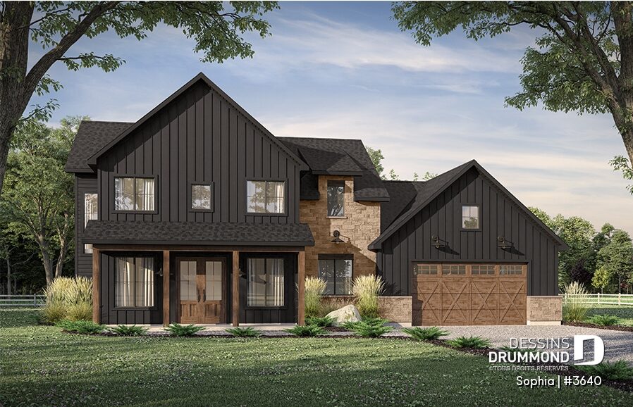 Maison farmhouse foncée Sophia #3640 avec accents de bois et de pierre