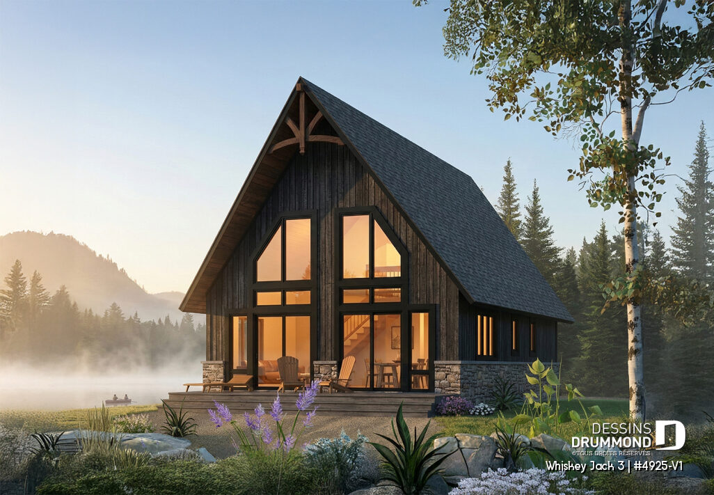 Chalet foncé Whiskey Jack 3 #4925-V1 avec grande fenestration en forêt