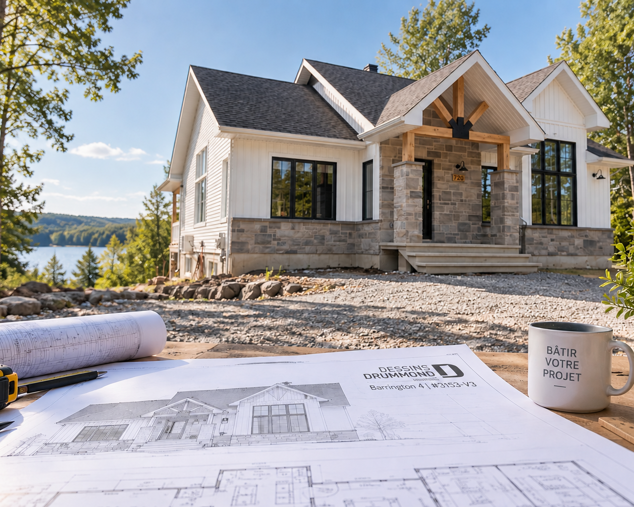 Plan de maison Barrington 4 #3153-V3 et plans architecturaux avant la construction sur un terrain