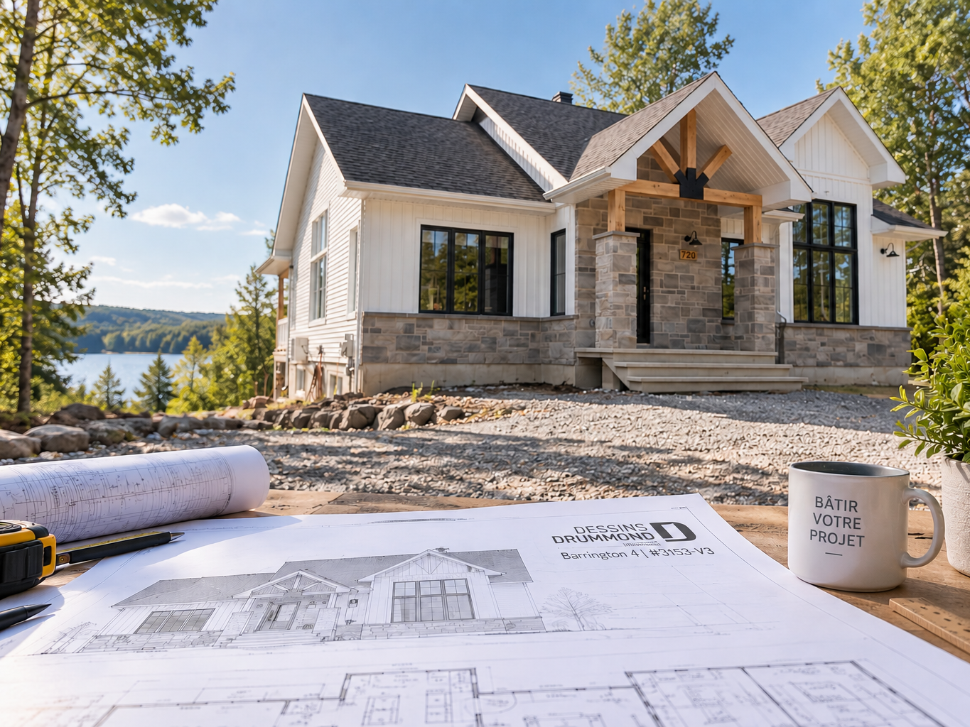 Plan de maison Barrington 4 #3153-V3 et plans architecturaux avant la construction sur un terrain