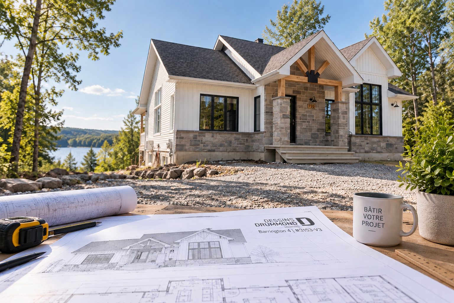 Plan de maison Barrington 4 #3153-V3 et plans architecturaux avant la construction sur un terrain