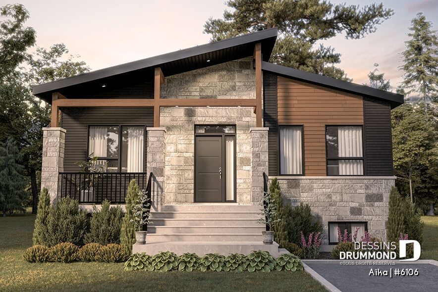Maison contemporaine Alna de plain-pied avec toit asymétrique et parement de pierre