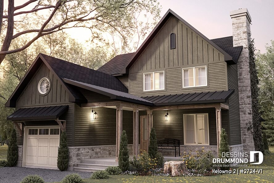 Maison Craftsman Kelowna 2 avec pignons, porche couvert, pierre et détails de bois
