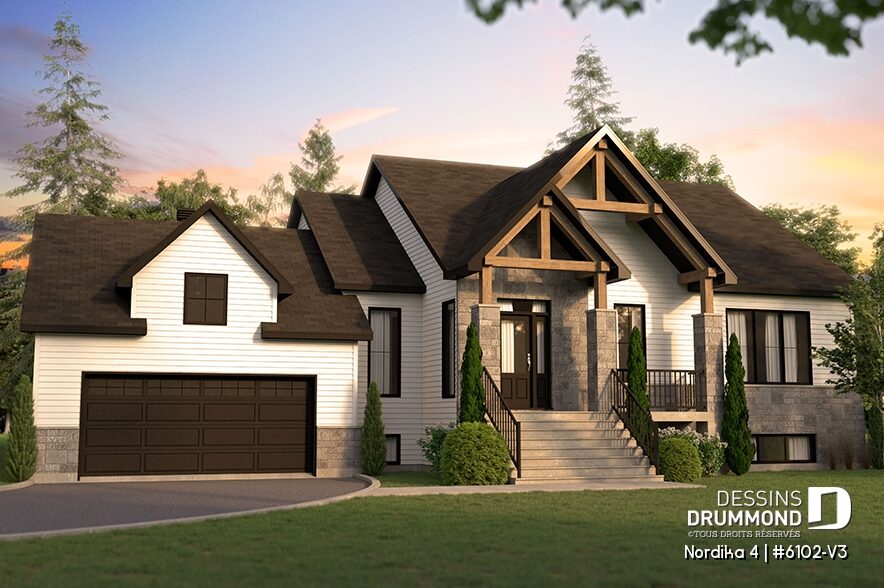 Maison Craftsman Nordika 4 avec pignons, charpente de bois et colonnes de pierre