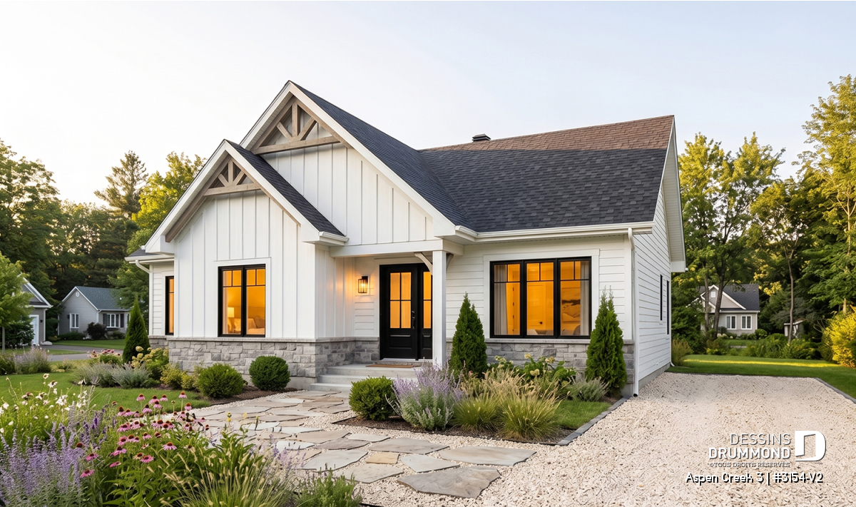 Maison farmhouse de plain-pied Aspen Creek 3 avec pignons et revêtement blanc
