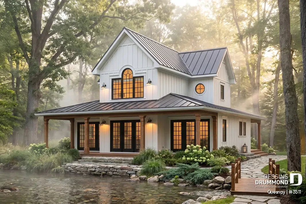 Maison farmhouse blanche avec grande galerie couverte – plan Quesnay #3511