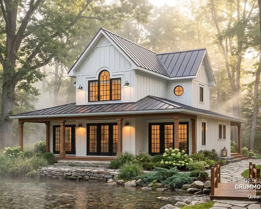 Maison farmhouse blanche avec grande galerie couverte – plan Quesnay #3511