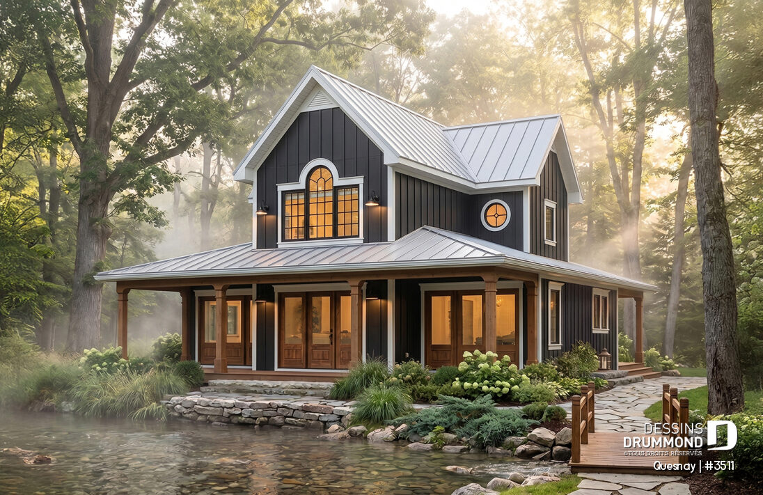 Maison farmhouse foncée avec galerie couverte – plan Quesnay #3511