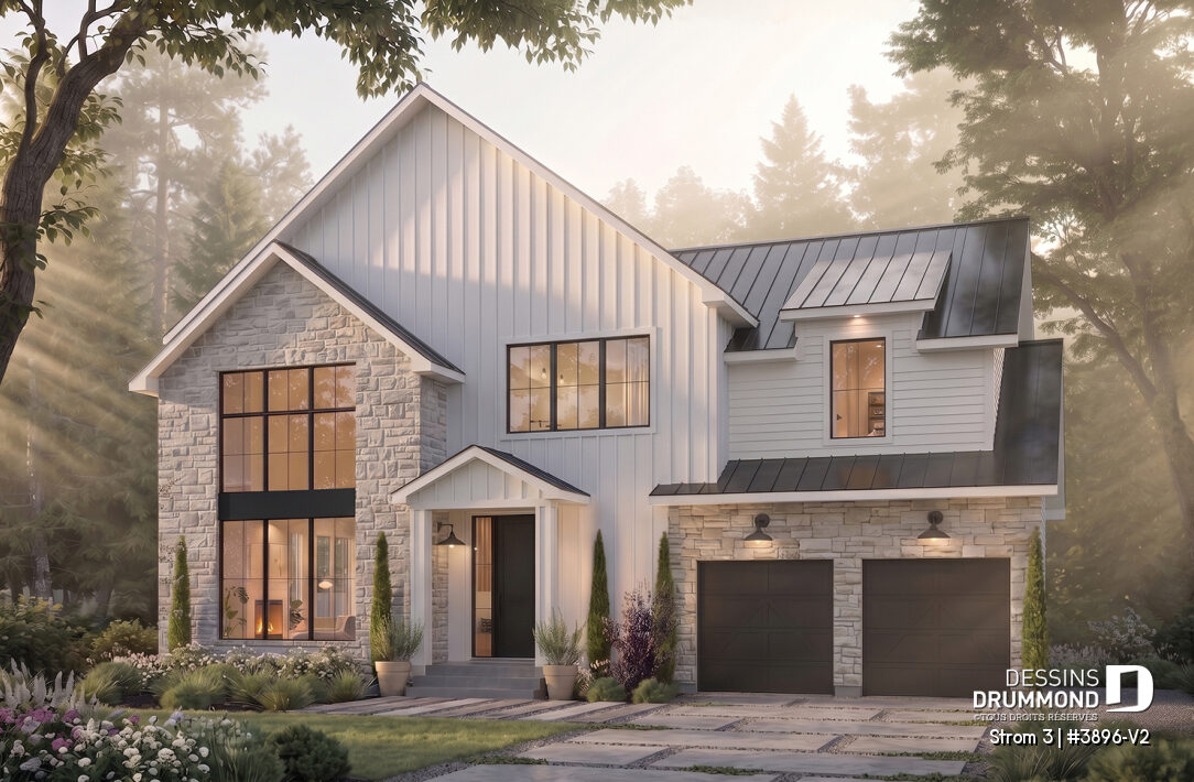 Maison farmhouse moderne Strom 3 avec pignons, pierre et revêtement blanc