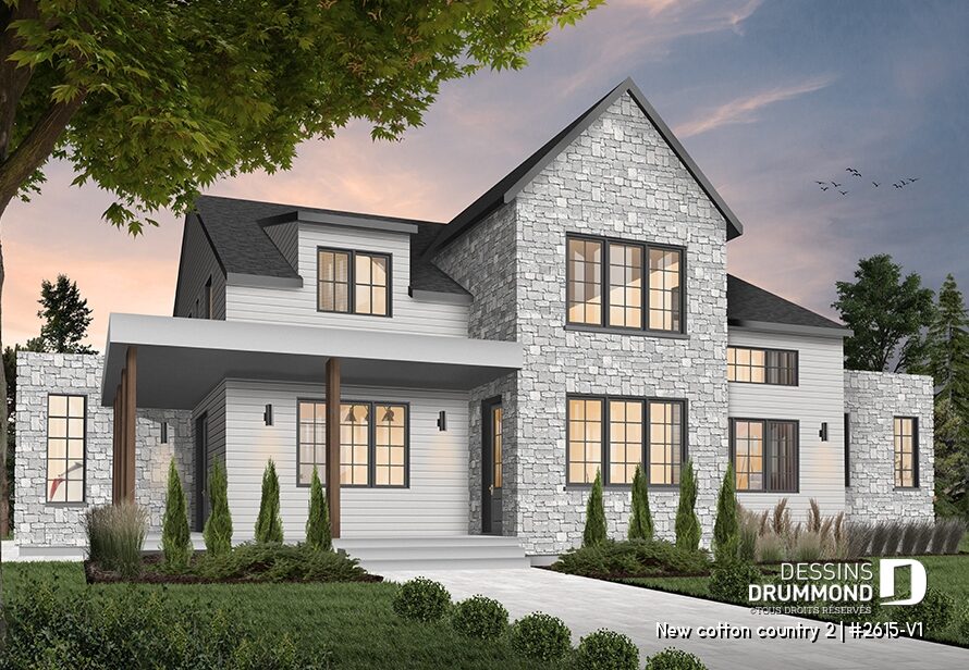 Maison moderne rustique New Cotton Country 2 avec grand pignon de pierre, fenêtres foncées et accents de bois