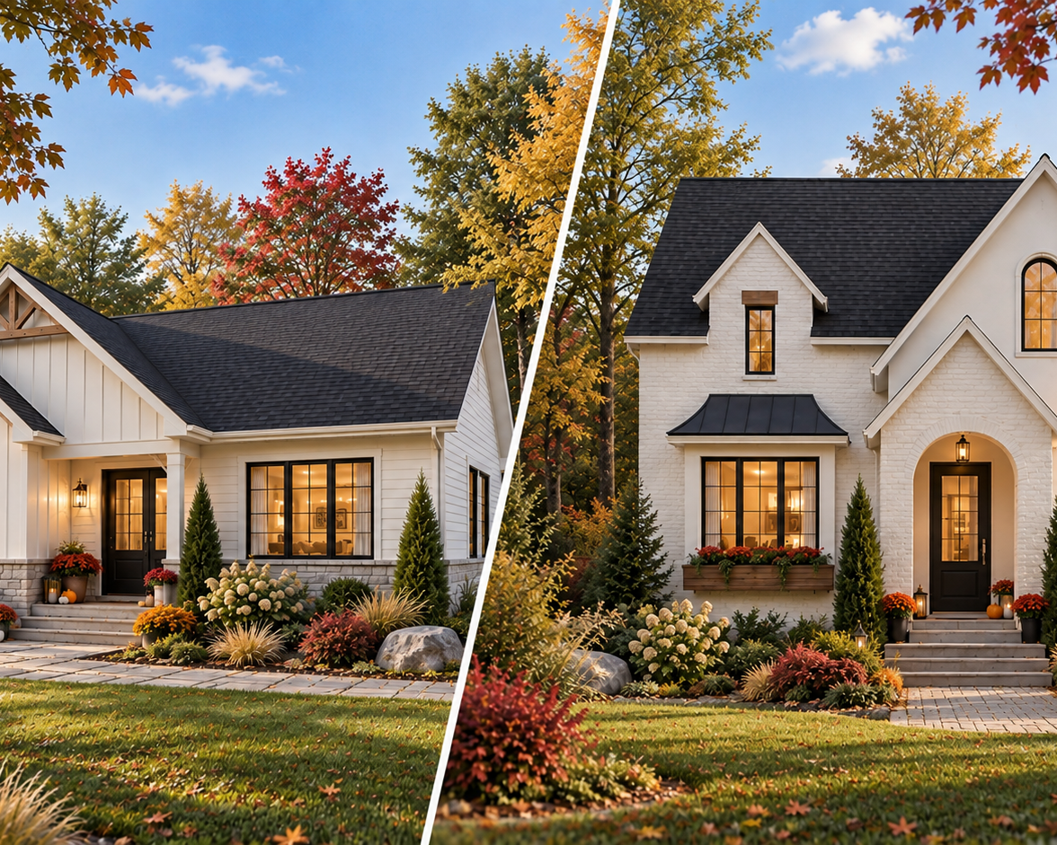 Comparaison entre une maison plain-pied Aspen Creek 3 et une maison à étage Hazel 2 de Dessins Drummond.