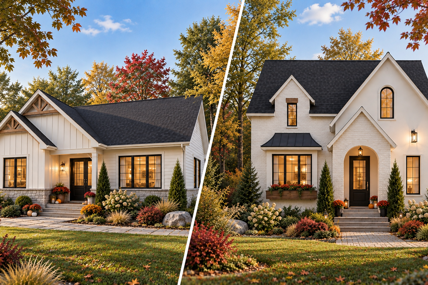 Comparaison entre une maison plain-pied Aspen Creek 3 et une maison à étage Hazel 2 de Dessins Drummond.