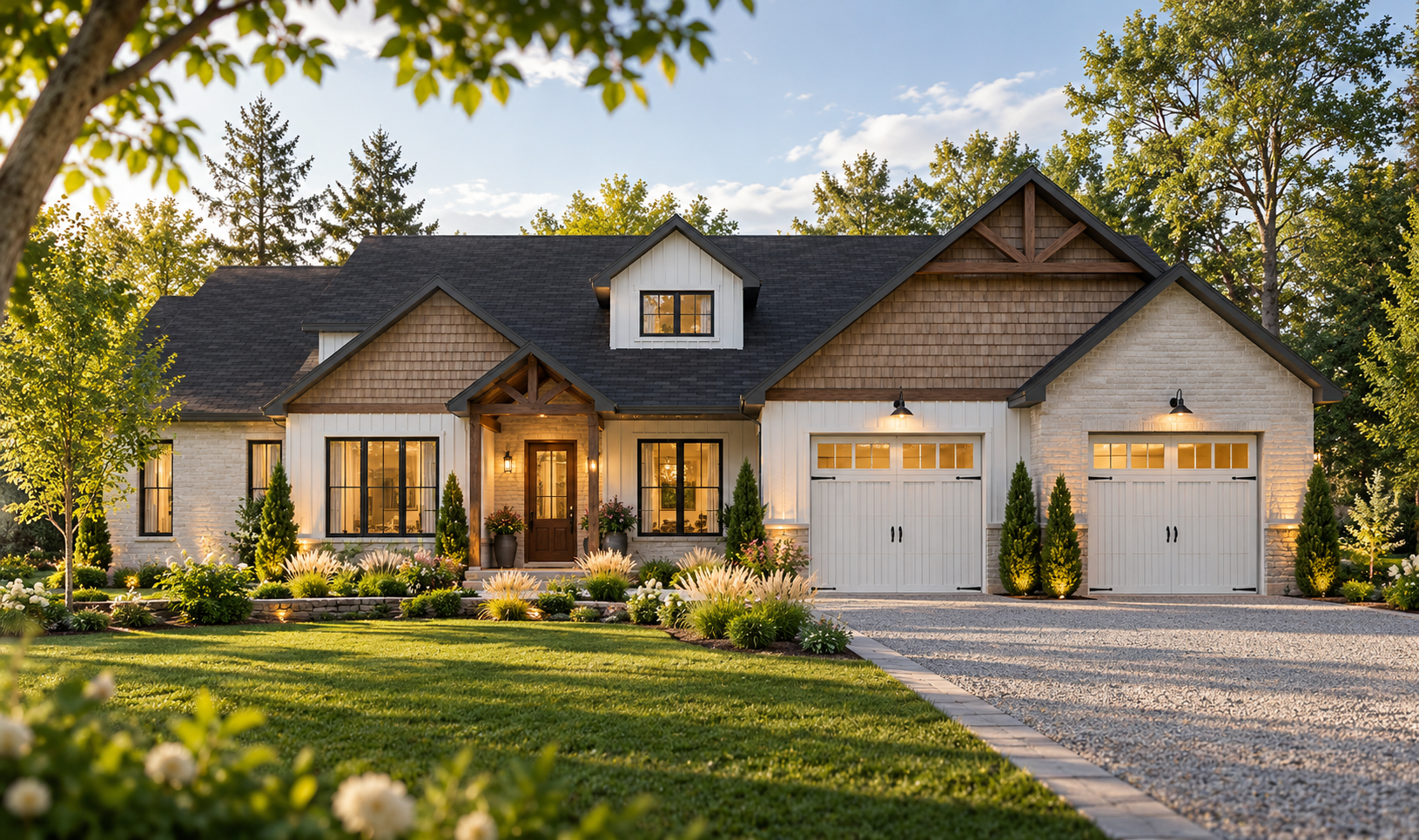 Maison ranch Robin avec façade horizontale, toiture à faible hauteur et garage double