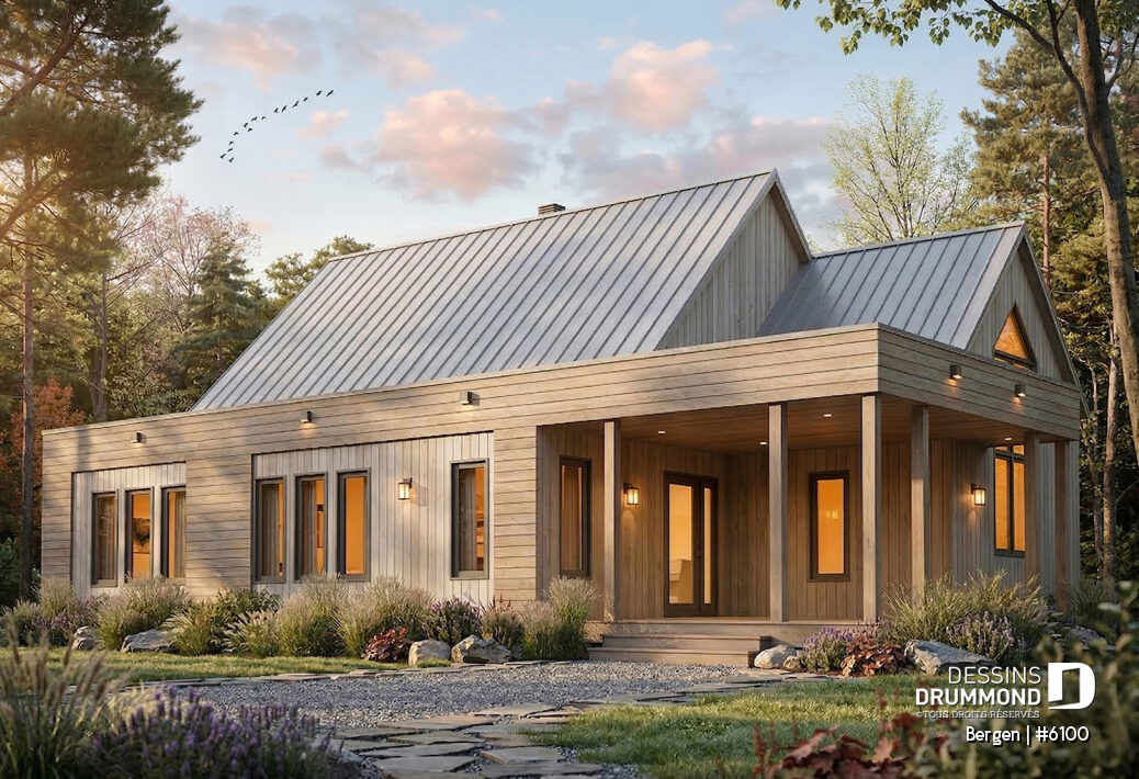 Maison scandinave Bergen en bois avec toits à pignons et grande galerie couverte