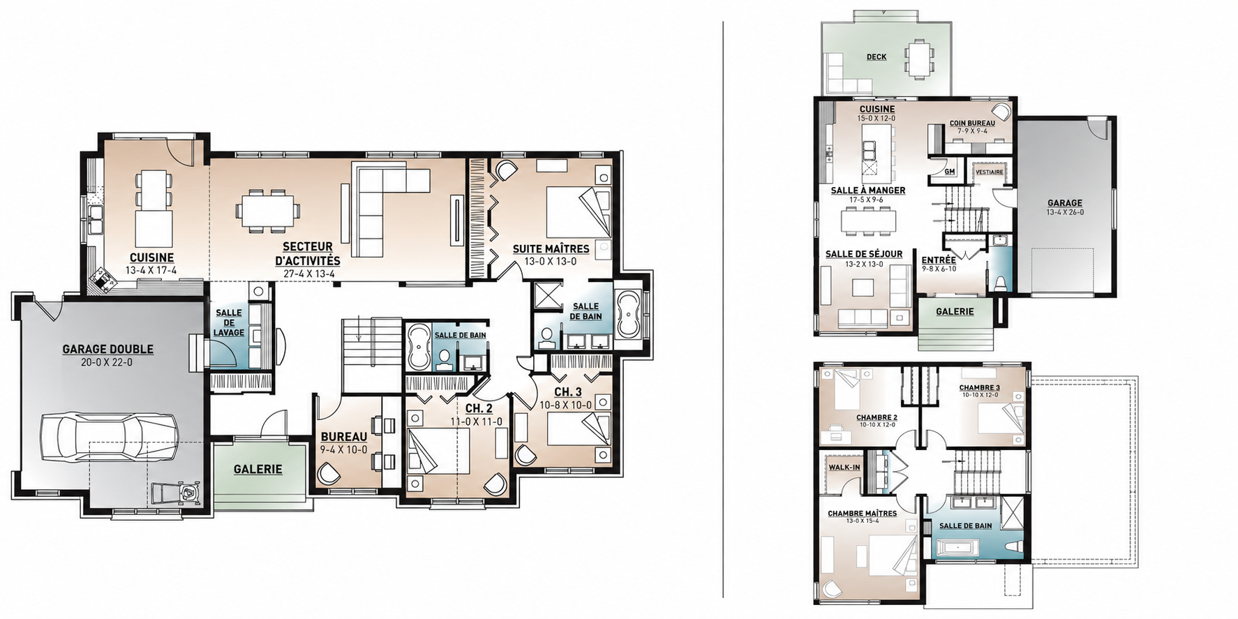 Comparaison des plans de plancher d’un plain-pied et d’une maison à étage d’environ 1 850 pi²