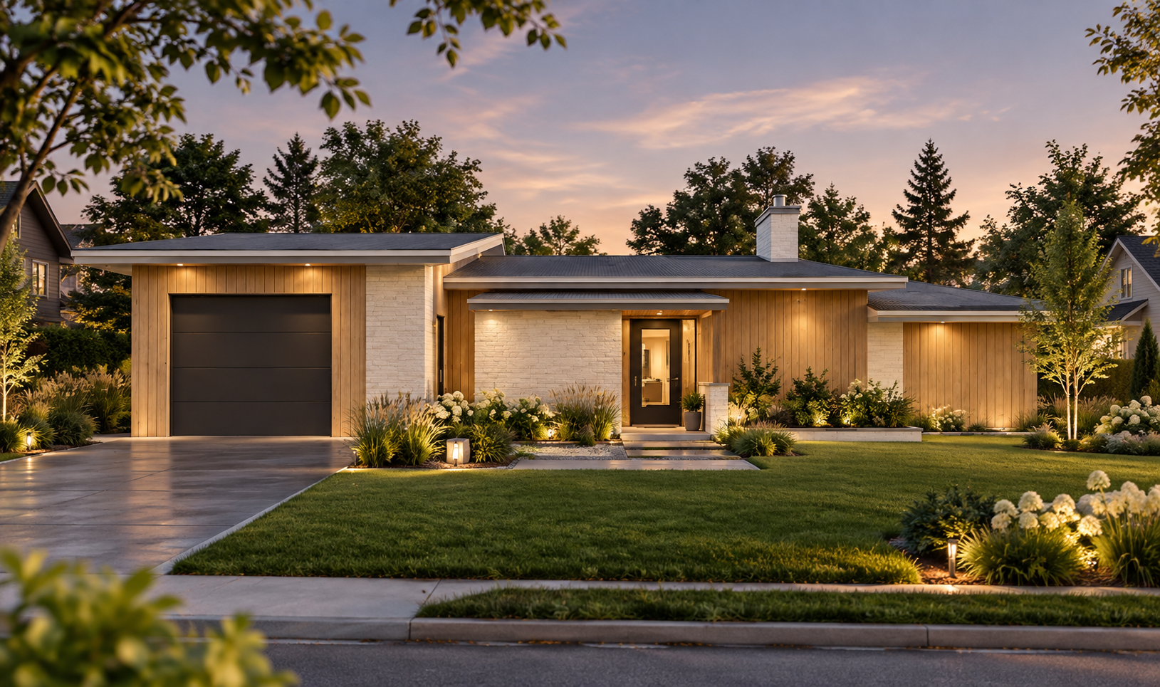 Maison Mid-Century moderne PUR 4 avec toiture à faible pente, revêtement de bois et garage intégré