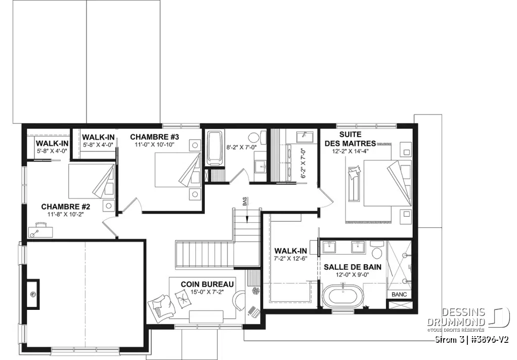 Plan de l’étage de la maison farmhouse Strom 3 #3896-V2 avec 3 chambres et coin bureau