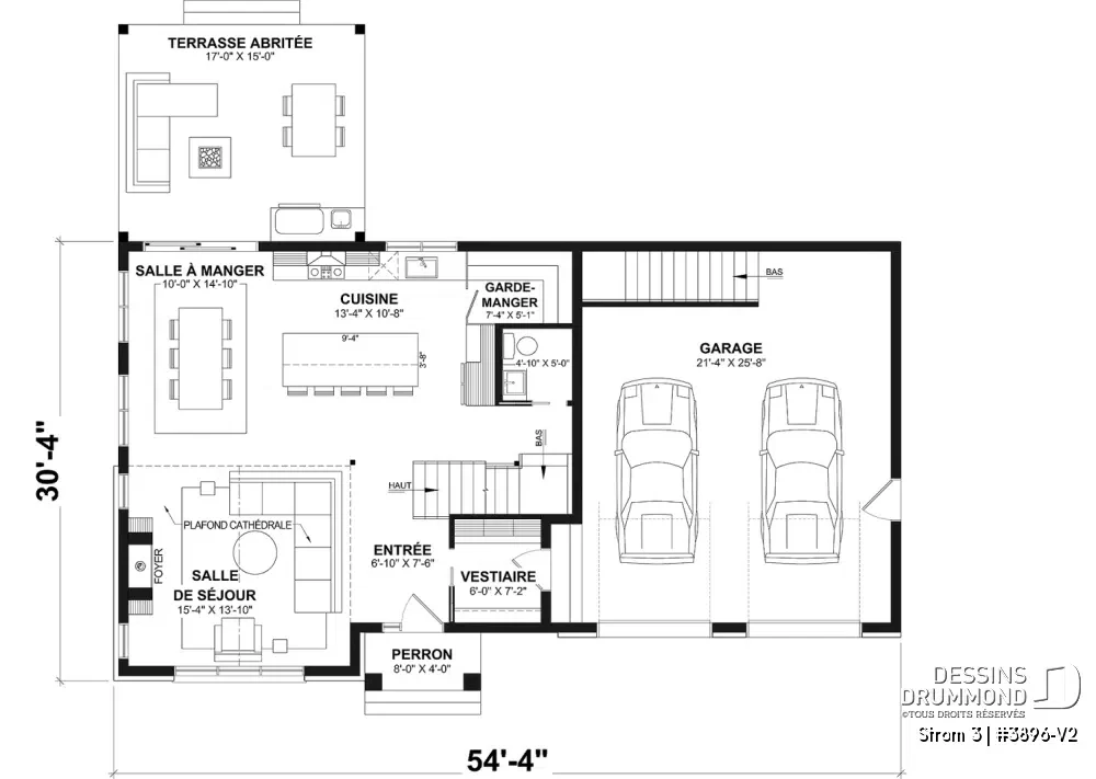 Plan du rez-de-chaussée de la maison farmhouse Strom 3 #3896-V2 avec garage double