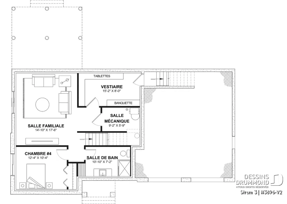 Plan du sous-sol aménagé optionnel de Strom 3 avec 4e chambre, salle familiale et salle de bain