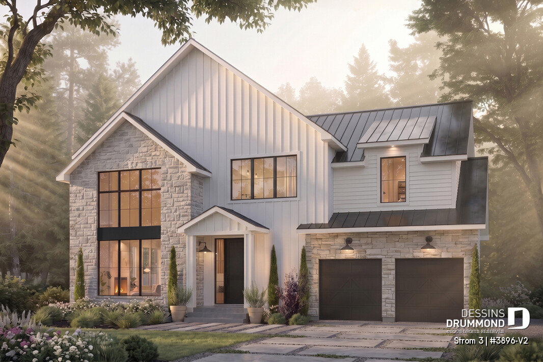 Plan de maison farmhouse à étage Strom 3 #3896-V2 avec garage double