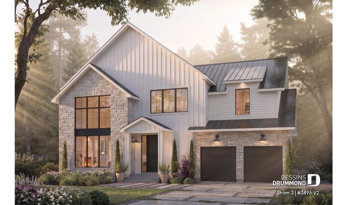 Plan de maison farmhouse à étage Strom 3 #3896-V2 avec garage double