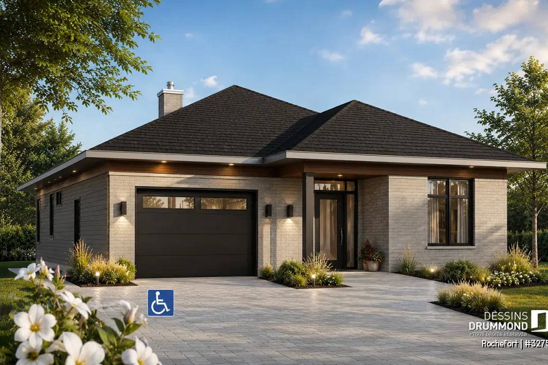 Plan de maison plain-pied Rochefort #3275 avec garage intégré, entrée couverte et aménagement extérieur illustrant l'accessibilité pour les personnes à mobilité réduite.