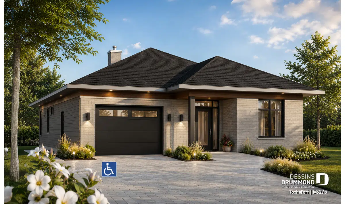 Plan de maison plain-pied Rochefort #3275 avec garage intégré, entrée couverte et aménagement extérieur illustrant l'accessibilité pour les personnes à mobilité réduite.