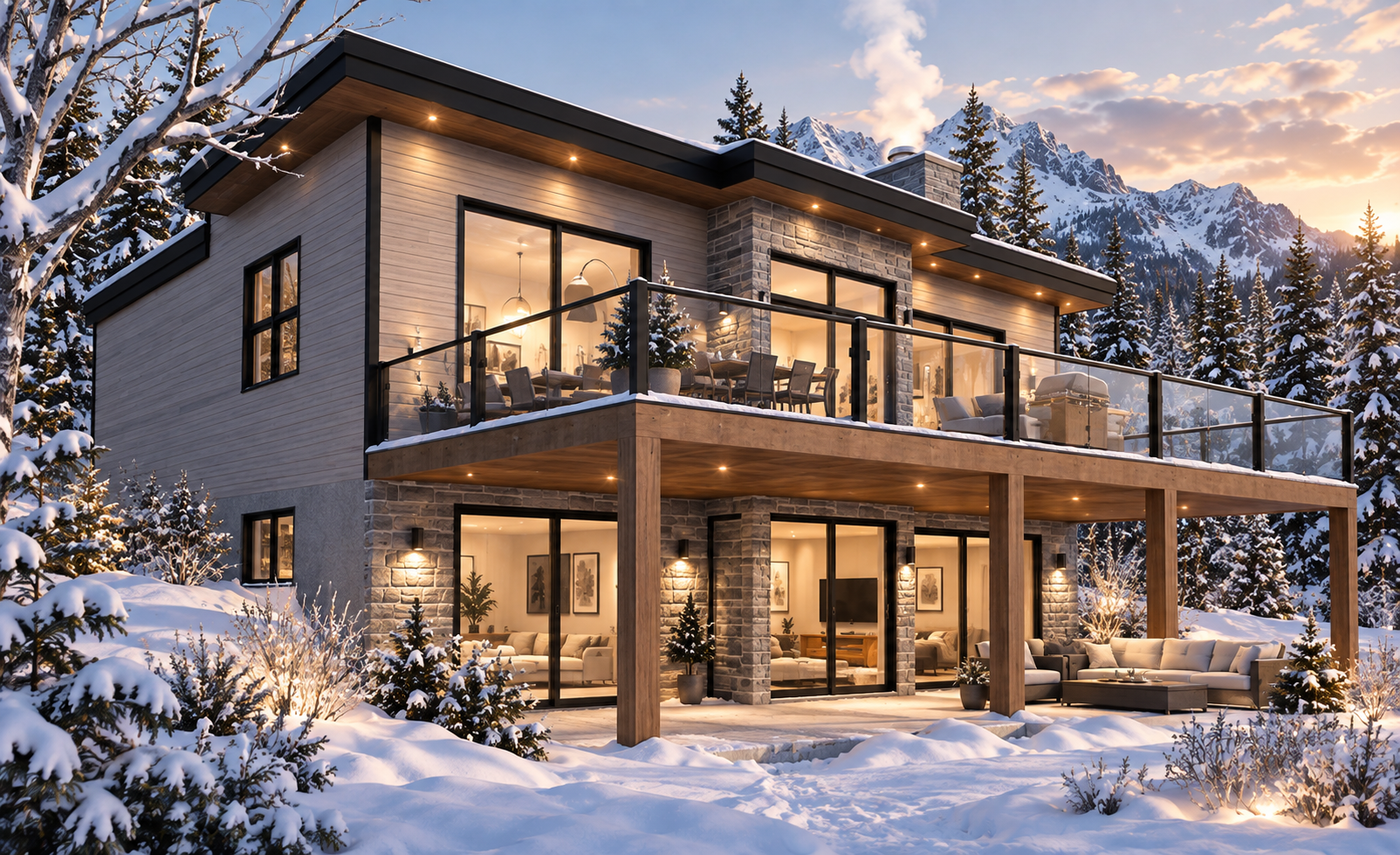 Vue arrière du chalet monopente Gleason #7900 avec rez-de-jardin et grande terrasse