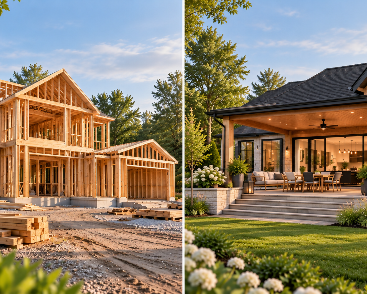Montage comparatif d'une maison en rénovation et d'une maison rénovée avec terrasse couverte, illustrant le choix entre construire ou rénover.