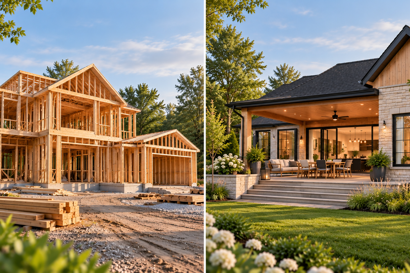 Montage comparatif d'une maison en rénovation et d'une maison rénovée avec terrasse couverte, illustrant le choix entre construire ou rénover.