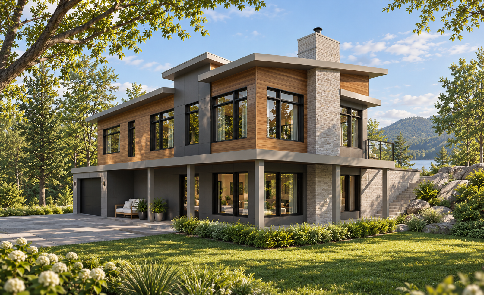 Maison monopente contemporaine Laeticia #3990 avec grande fenestration et revêtement de bois