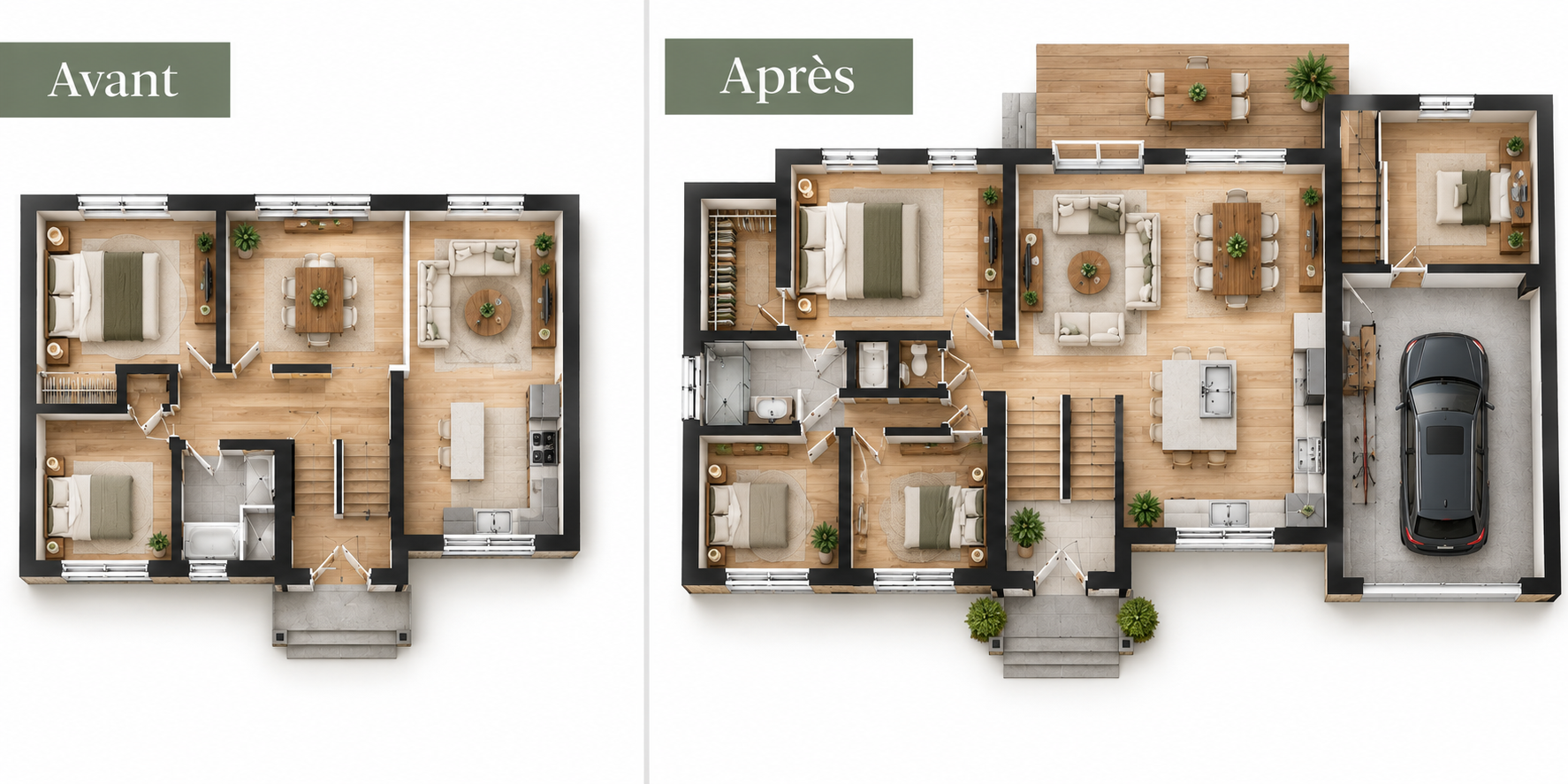 Plans de maison meublés vus du dessus, avant et après agrandissement, montrant des pièces réaménagées, une aire de vie ouverte et un garage ajouté.