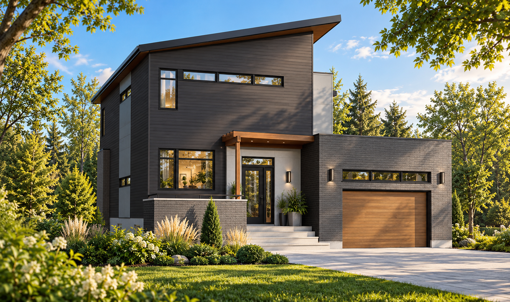 Maison monopente moderne Lily 2 #3456-V1 avec garage et accents de bois